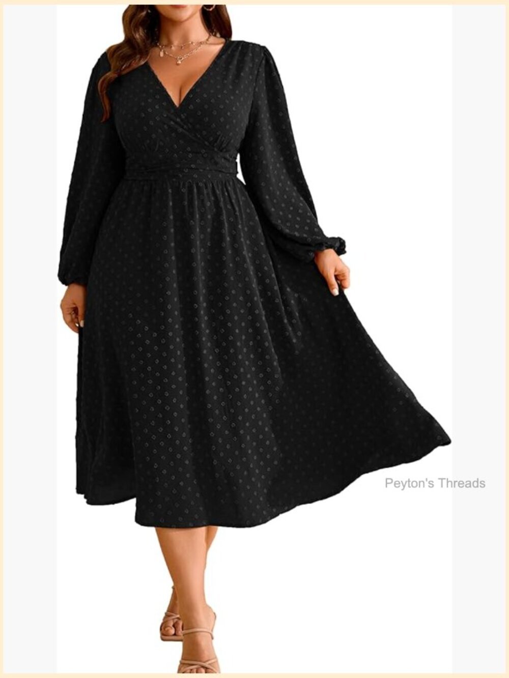 Plus Size Wrap V Neck Swiss Dot Long Sleeve Swing Boho Casual Dress